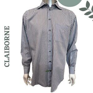 CLAIBORNE Men’s Striped Dress Shirt Classic Blue Brown - Size 16